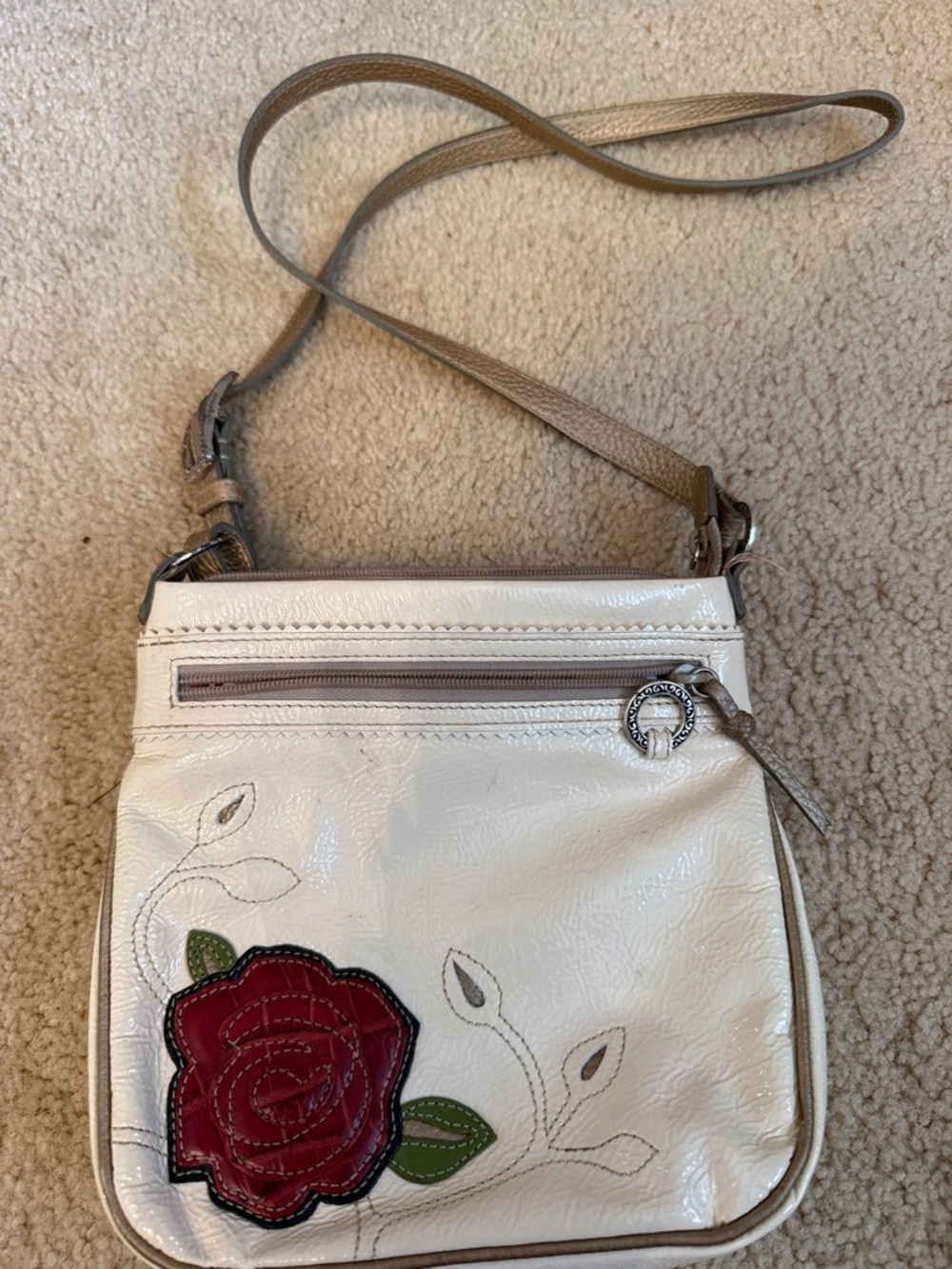 Brighton White Crossbody Bag with Red Rose Accent